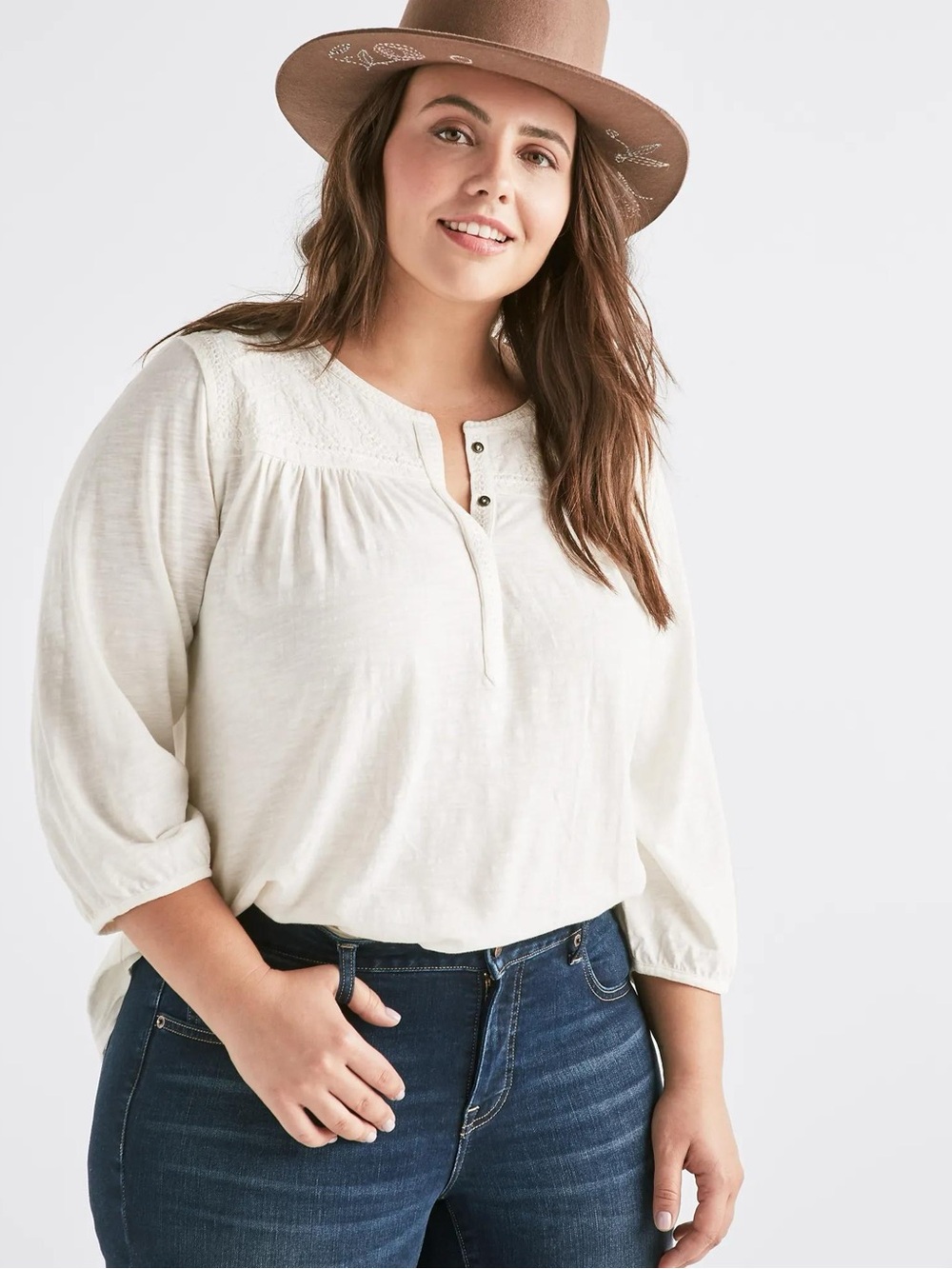 Lucky Brand Cream Henley Peasant Blouse 3/4 Sleeve